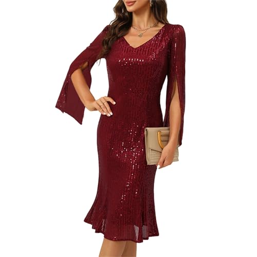 COOAN Pailletten Cocktail Formal Kleider für Frauen,Hochzeiten Gast Abend Party Kleider Slim Midi Fishtail Kleid