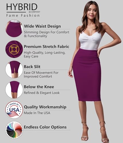 Image of Hybrid & Company Women's Premium Nylon Ponte Stretch High Waist Pencil Suit Skirt Below Knee