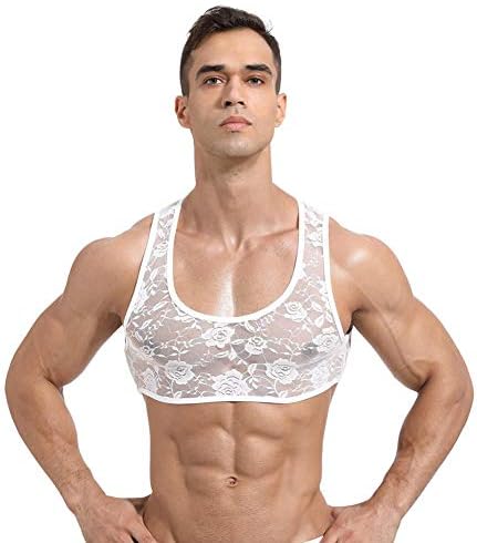 Men's Sissy Lace Floral Muscle Tank Top Round Neck Mesh Undershirt Semi Transparent Vest Singlet Gym Sports Half Top White Small
