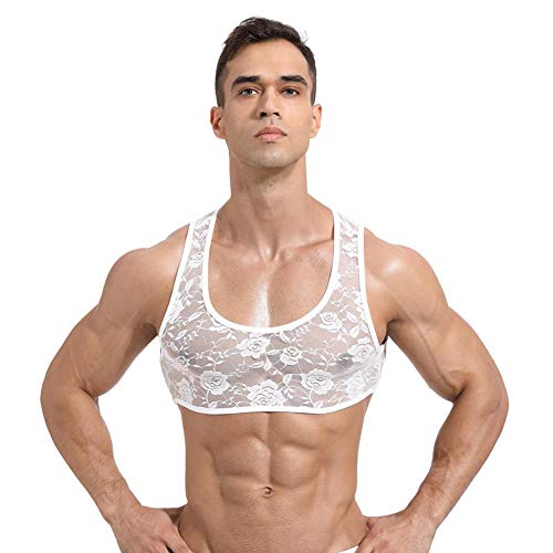 Men's Sissy Lace Floral Muscle Tank Top Round Neck Mesh Undershirt Semi Transparent Vest Singlet Gym Sports Half Top White Small #TOP3