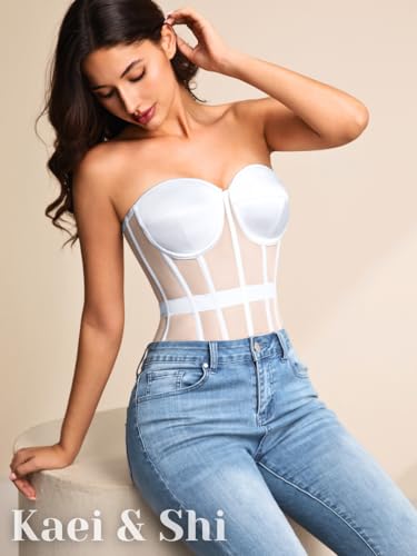 Image of Kaei&Shi Sheer Mesh Overbust Corset,Sexy Strapless Lace Up Satin Bra Corsets Top For Women Shapewear