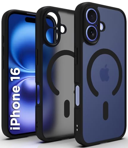 Image of RIGGEAR Shockproof Sleek Hybrid Armor Upgraded C-Shaped Magnetic Back Cover Case Compatible with MagSafe Accessories for iPhone 16 (Smoke Black Matte PC + Black TPU Bumper)