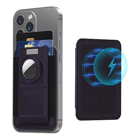 DoohowCase Mag-Safe Card Holder Stand with AirTag Sleeve, Wallet Stand Card Sleeve Up to 7 Cards with AirTag Holder Compatible with iPhone 15/14/13/12 Series, Magnetic Phone Wallet, Purple Cover