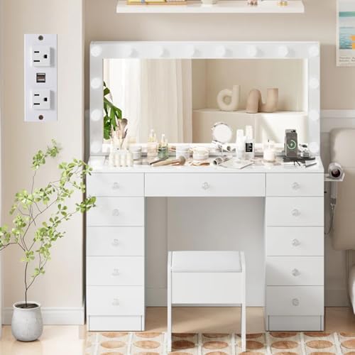AICOO Makeup Vanity Desk with Power Outlet, Mirror, Glass Top & Hollywood Lights