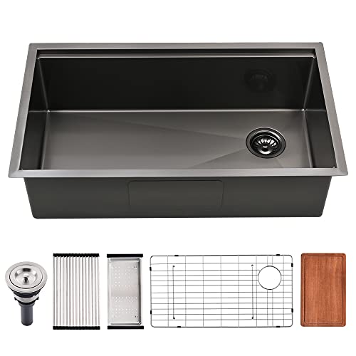 Jshozzy 33 Black Undermount Kitchen Sink, 33x19 Stainless Steel Workst