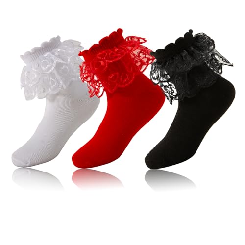 3 Pairs Toddler Girls Ruffle Socks,Cute Frilly Lace Cotton Black White Red School Dress Socks for Girl 1-10 Years