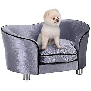PawHut Canapé Chien Chat sur Pied Style Contemporain lit Animaux avec accoudoir Dossier Coussin Amovible Grand Confort + Poche Rangement revêtement Peluche Courte 69 x 49 x 38 cm Gris