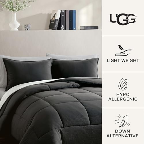 UGG King Size Comforter Set with 2 Pillow Shams Lightweight Down Alternative Comforter King Size Blanket Reversible Cozy Warm All Season Washable Hypoallergenic Bedding Set, Charcoal Grey (Leonora)