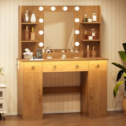 Image of HUANLEGO Vanity Desk with Mirror and Lights, Makeup Vanity with Mirror and LED Lights & Power Outlet, 3 Drawers and Cabinets, 3 Lighting Modes Dressing Table Set for Girls Women Bedroom,Oak