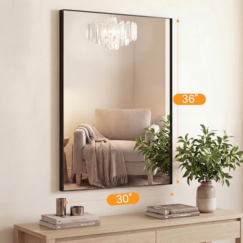Image of Sweetcrispy Bathroom Mirrors for Over Sink, 30 inch x 36 inch Rectangle Wall Mount Mirror with Metal Frame, Modern Vanity Mirror with Tempered Glass, for Home Decor, Anti-Rust, Black