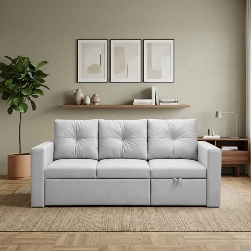 Image of FURNY Tira 4 Seater RHS Lounger Sofa Cum Bed (Light Gray) with Pull-Out Function | Luxury Velvet Suede Finish | Durable Comfort | Ideal for Living Room