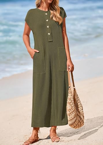 Image of KIRUNDO Womens Summer Ribbed Knit Short Sleeve Maxi Dress | 2026 Spring Henley Button Up Knitted Tshirt Dress, Loose Beach Vacation Sundress, Teacher Dress, Loose Fit Nursing Friendly