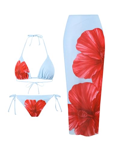 WDIRARA Women's Bikini Sets Floral Print Triangle Halter Tie Back Swimsuit with Cover Up Skirt