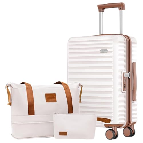 Image of SHOWKOO Suitcase Hardside Expandable Luggage Set, Suitcase with Double Spinner Wheels TSA Lock 3 Piece Set Beige White (DB /TB /28in)