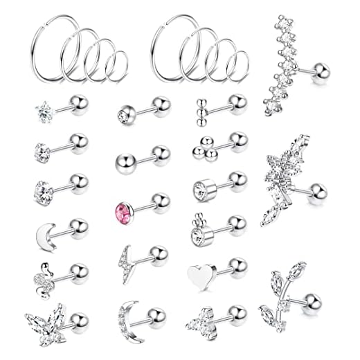 Besteel 28 Pcs 16g Cartilage Earring Stud Hoop for Women Tragus Stud Earring Cartilage Piercing Jewelry Surgical Steel Forward Helix Earrings Hoop Rook Daith Conch Piercing Jewelry, Silver