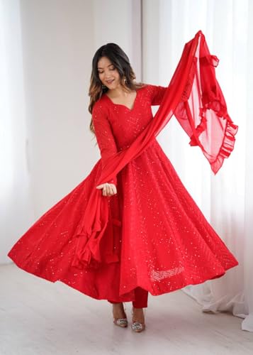 Image of Women's Heavy Faux Georgette Embroidery Work Anarkali and Set Beautiful Dupatta Traditional for Women Any Occasion Lehenga choli