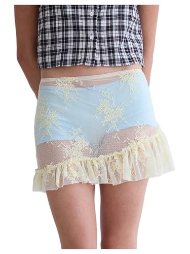 MakeMeChic Women's Beach Cover Up Pleated Mini Skirt Floral Lace Sheer Mid Waisted Summer Boho Y2k Skirts