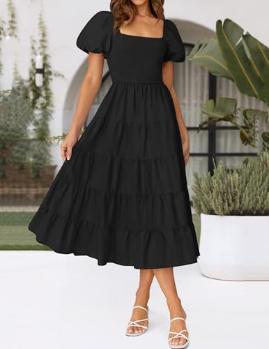 Image of ZESICA Women's 2026 Summer Puff Sleeve Midi Dress 2026 Boho Solid High Waist Flowy Beach Wedding Guest Long Dresses