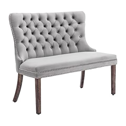 civama Velvet Dining Bench with Back, Tufted Upholstered Loveseat Settee, Nikki Collection Modern Banquette Couch, Comfy Accent Sofa Couch with Solid Wood Legs, Light Gray Cover