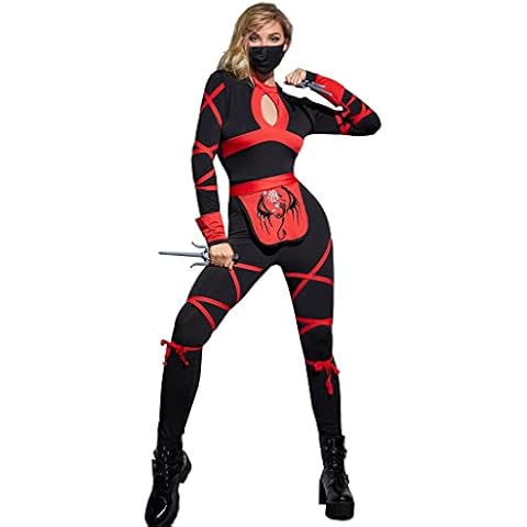MISS FANTASY Ninja Costume Women Red and Black Womens Ninja Costume Set with Ninja Mask Ninja Sai 2 Pcs Ninja Halloween Costume for Women L Cover