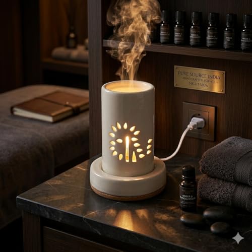 Image of Pure Source India Handcrafted 8.5 inch Ivory White Ceramic Electric Diffuser, Aroma Oil Diffuser, Oil Burner for use in Homes, Offices, Yoga Centre, Spa as Well as Outdoors