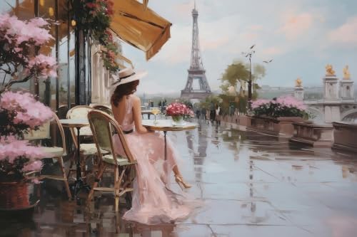 Poster Paris Tour Eiffel et femme en robe rose toile 40x50cm sans cadre BOSKMS