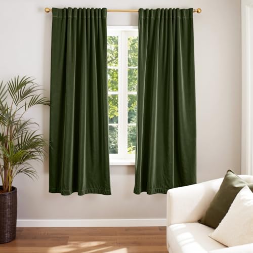 Image of Moss Earthy Curtains Luxury Rod Pocket 52x72 Inch 2 Panels | Soft Velvet, Light Filtering, For Small Windows, Kitchens & Bathrooms, Light Shifting Texture, Elegant Drape, Calm