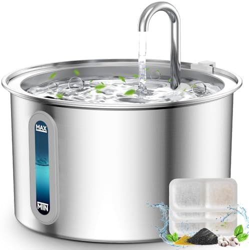 Oneisall 2L Stainless Steel Cat Fountain with Water Level Window,...
