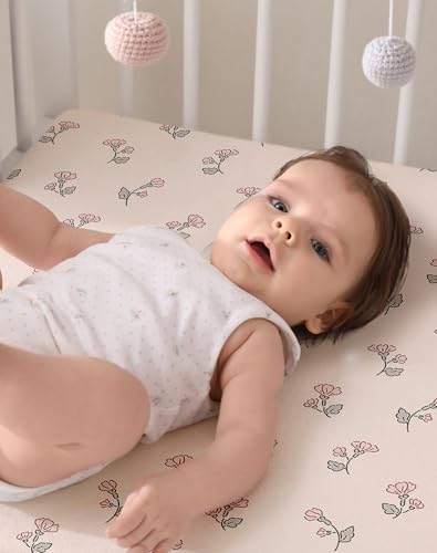 Image of Pack and Play Sheets 2 Pack, Fitted Jersey Knit Mini Crib Sheets for Baby Boys and Girls, Compatible with Graco Pack N Play and Mini Crib Mattress (Bunny Garden, Pack N Play /Mini Crib Sheets)