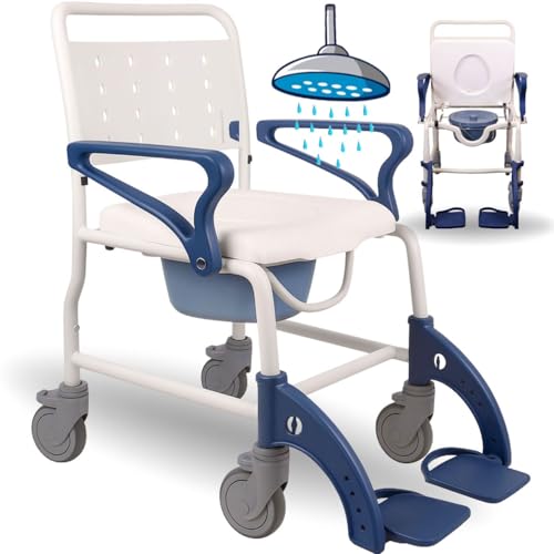 OrtoPrime Silla Ducha WC Personas Mayores Silla Ducha RUEDAS y FRENOS Silla Baño Adultos Brazos y Pies ABATIBLES - Silla wc Baño Portátil Silla Ducha Personas Mayores - Silla de Baño con Inodoro