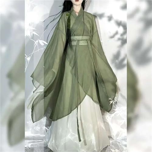Women’s Chinese Wei Jin Dynasty Style Fairy Sleeve Dress Cross Collar Waist Cinching Elegant Daily Outfit4