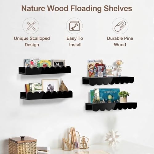 Image of Scalloped Shelves for Nursery - Wall Book Shelves for Bedroom Kids, Nursery Bookshelf for Wall Set of 4, Floating Book Shelves Solid Wood,18 Inch (Black)