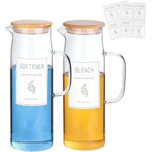 Laundry Detergent Dispenser Set with Bamboo Lids and Handles – Easy Pour 2 Pack 50 oz Liquid Laundry Containers for Laundry Room Organization and Storage