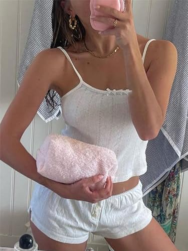 Image of Yuemengxuan Women Two Piece Outfits Y2k Boy Shorts Set Sleeveless Crop Top Button Down Shorts Set Loungewear Pajamas Set