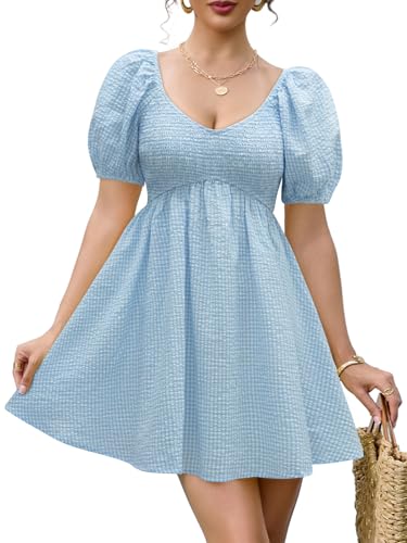 Image of Womens Babydoll Dress 2026 Summer Casual Puff Sleeve V Neck Cute Boho Smocked Flowy Short Sundress Beach Mini Dresses
