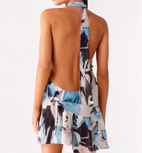 Image of Women's 2025 Summer Halter Dress Sleeveless Open Back Ruffle Tiered Layered Chiffon Pleated A Line Swing Mini Dress
