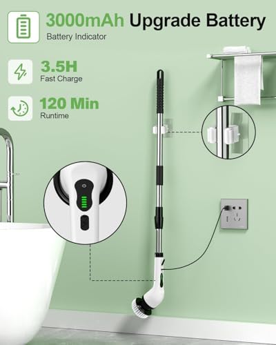 Image of Electric Spin Scrubber, Cordless Cleaning Brush, Shower Scrubber with 8 Brush Heads 2H Power Dual Speed, Adjustable Extension Handle, IPX7 Waterproof for Tub Tile Car Floor Polishers, PA-25.