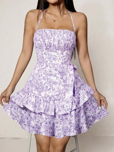 Image of Narecte Summer Dresses for Women,Tie Halter Mini Dress,Floral Print Short Dress,Ruffle Trim Casual Dresses