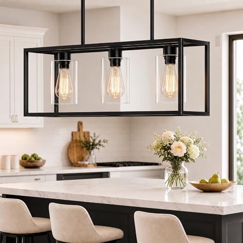 Black 3-Light Dining Room Light Fixture, Modern Farmhouse Chandeliers, Linear Rectangular Kitchen Island Lighting, Industrial Vintage Pendant Lighting with Clear Glass Shade Height Adjustable