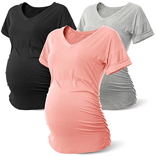 Rnxrbb Long Enough Maternity Shirts Short Sleeve Summer Pregnancy Tops& Tees Clothes V Neck Casual Outfits for Women 3 Pack,Pink Black Gray M