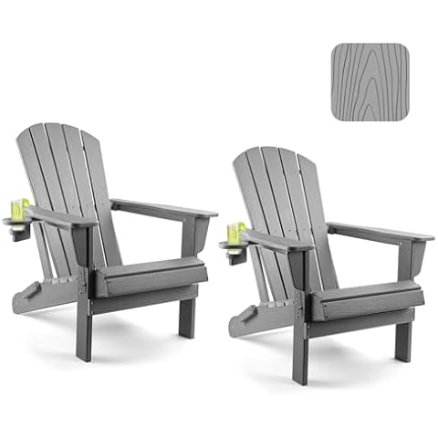 OLYMSOLD Folding Adirondack Chair Set of 2, Plastic Adirondack Chairs Wood Texture, Fire Pit Chairs for Outside, Weather Resistant Composite Adirondack Chair with Cup Holder Cover