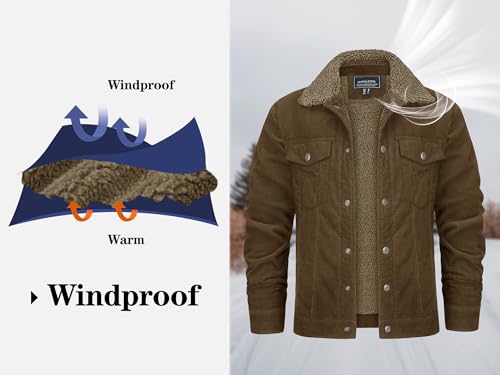 Kefitevd Winter Jackets For Men Corduroy Sherpa Lined Trucker Jacket Cargo Denim Work Jacket Cotton Warm Coat Outerwear Brown thumb #3