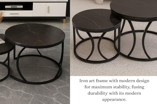 Image of Round End Table Set of Two Coffee Tables with Engineered Wood Top and Metal Frame, Contemporary Accent Side Table for Office, Bedroom, or Living Room Full Black