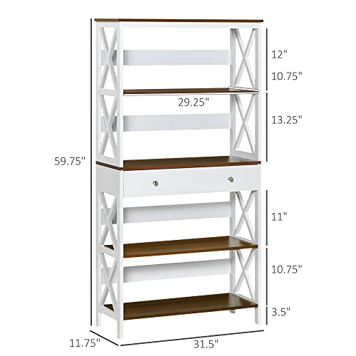 Homcom 4-Tier Shelving Bookcase Storage Cupboard With Pull Out Drawer, And Wooden Frame With X Bar Stability, White #TOP2