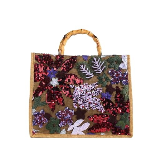 Sequins Embroidery Tote Bag Vintage Bamboo Handle Women Handbags Casual Linen Summer Beach Large Capacity Shopper Purse