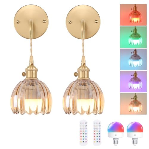 Image of Shenmoyl Battery Operated Wall Sconce with Amber Tulip Shade Pattern Glass Adjustable Chain Retro Gold Wall Mounted Light, Modern Wall Decor for Bedside Bedroom Indoor Doorway， Set of 2