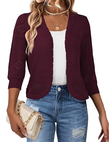 Image of REDHOTYPE Women's 3 /4 Sleeve Cardigan Open Front Cropped Shrugs Summer Hollowed Lightweight Cardigans Sweater (S-XL)