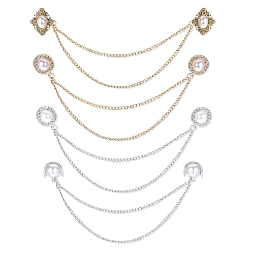 Image of Mabor Collar Chain, 4Pcs Vintage Sweater Shawl Chain Clips Antique Cardigan Collar Clips Cloak Chain Holders Gold Silver Brooch Pin for Women Men Lapel Suit Dress Decoration
