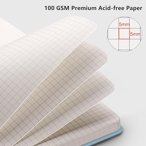 Image of RETTACY Graph Grid Paper Notebook, 192 Pages, A5 Size (5.7'' x 8.3'') | 5 Squares per Inch, Leather Hardcover, 100 GSM Thick Paper, for School, Students, Math, Engineering (Light Blue)