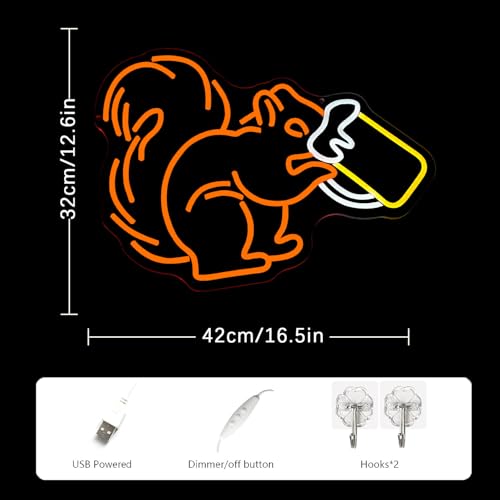 Image of Squirrel Beer Neon Sign for Wall Decor Bar Neon Light Orange Squirrel Drinking Wine Led Light Animal LED Sign Dimmable LED Neon Light for Bar Bedroom Kidsroom Business Game Room